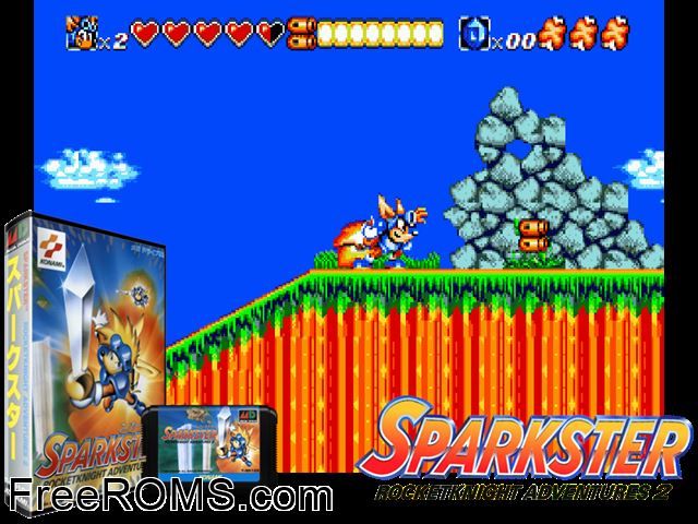Sparkster (Japan) Genesis game showing 3D box cover and gameplay screenshot
