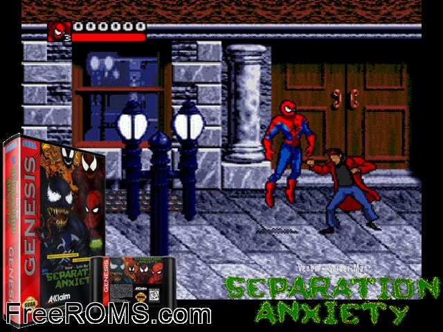 Spider-Man and Venom - Separation Anxiety Genesis game showing 3D box cover and gameplay screenshot
