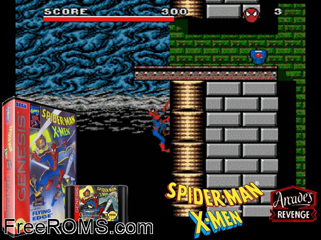 Spiderman and X-Men - Arcade's Revenge Genesis game showing 3D box cover and gameplay screenshot