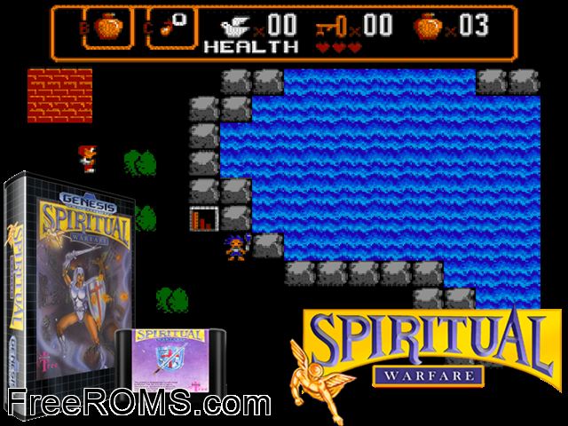 Spiritual Warfar Genesis game showing 3D box cover and gameplay screenshot