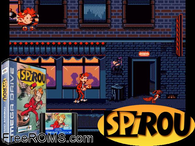 Spirou Eupore Genesis game showing 3D box cover and gameplay screenshot