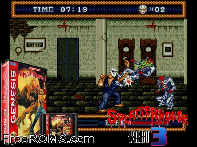 Splatter House Part 3 Genesis game showing 3D box cover and gameplay screenshot