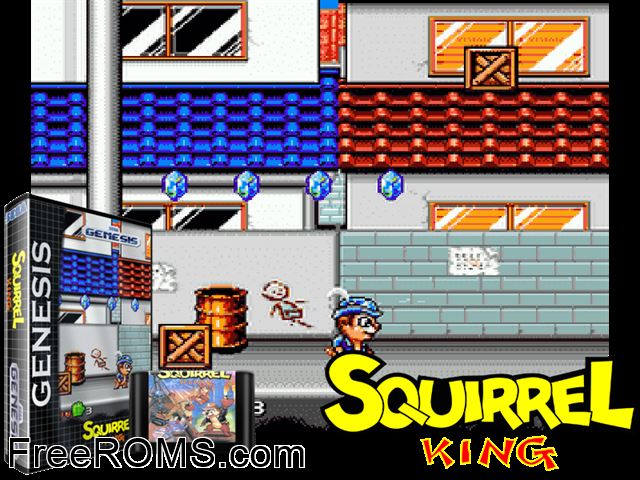 Squirrel King Genesis game showing 3D box cover and gameplay screenshot