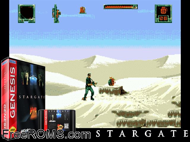 Stargate Genesis game showing 3D box cover and gameplay screenshot