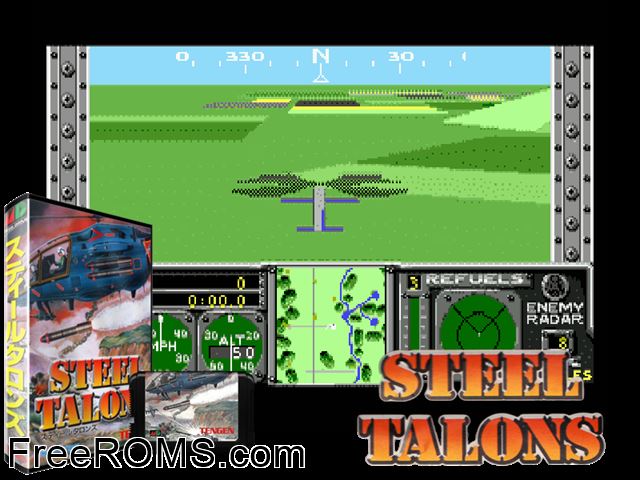 Steel Talons (Japan) Genesis game showing 3D box cover and gameplay screenshot