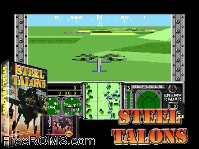 Steel Talons Genesis game showing 3D box cover and gameplay screenshot