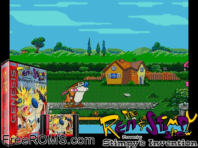 Stimpy's Invention Genesis game showing 3D box cover and gameplay screenshot