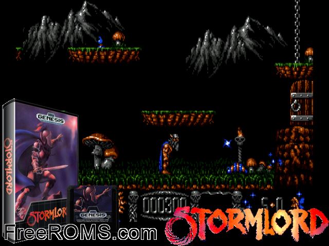 Stormlord Genesis game showing 3D box cover and gameplay screenshot