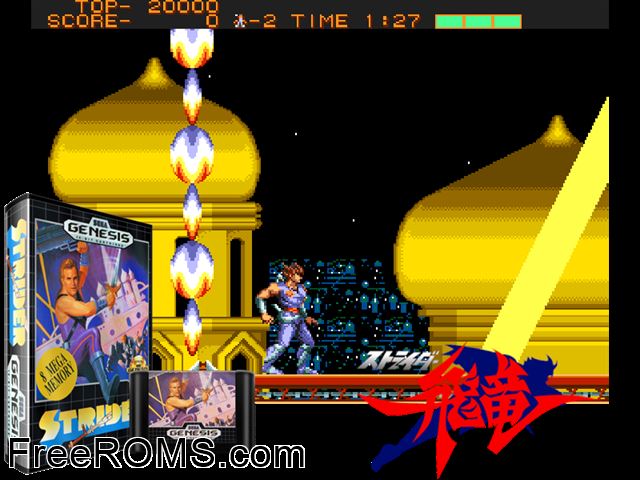 Strider Genesis game showing 3D box cover and gameplay screenshot