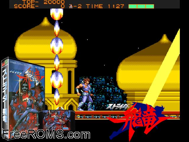 Strider Hiryuu (Japan) Genesis game showing 3D box cover and gameplay screenshot