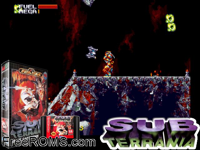 Sub-Terrania (Japan) Genesis game showing 3D box cover and gameplay screenshot