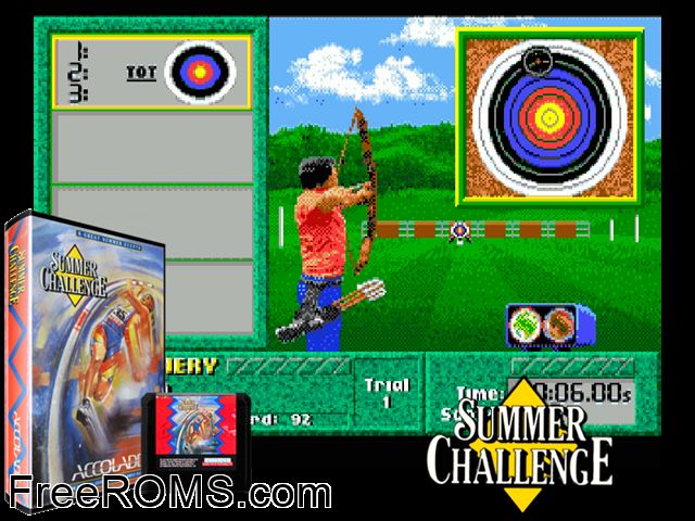 Summer Challenge Genesis game showing 3D box cover and gameplay screenshot