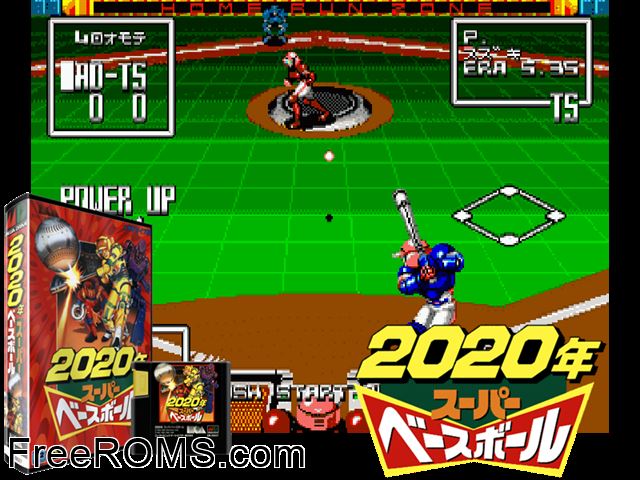 Super Baseball 2020 (Japan) Genesis game showing 3D box cover and gameplay screenshot