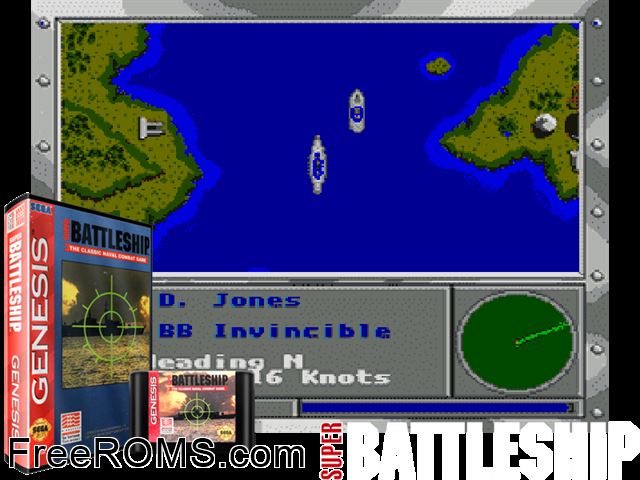 Super Battleship Genesis game showing 3D box cover and gameplay screenshot