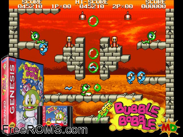 Super Bubble Bobble Genesis game showing 3D box cover and gameplay screenshot
