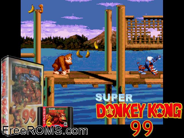 Super Donkey Kong 99 Genesis game showing 3D box cover and gameplay screenshot