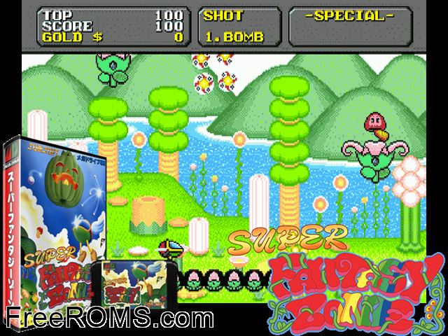 Super Fantasy Zone (Japan) Genesis game showing 3D box cover and gameplay screenshot