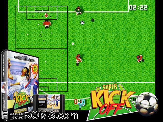 Super Kick Off Genesis game showing 3D box cover and gameplay screenshot
