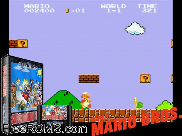 Super Mario Bros. Genesis game showing 3D box cover and gameplay screenshot