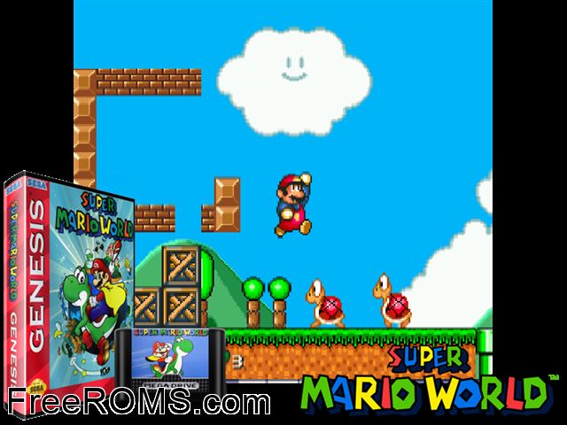 Super Mario World Genesis game showing 3D box cover and gameplay screenshot