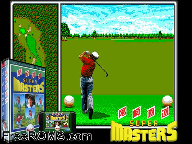 Super Masters Golf (Japan) Genesis game showing 3D box cover and gameplay screenshot