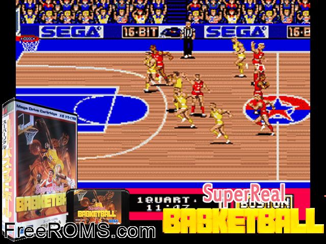 Super Real Basketball (Japan) Genesis game showing 3D box cover and gameplay screenshot