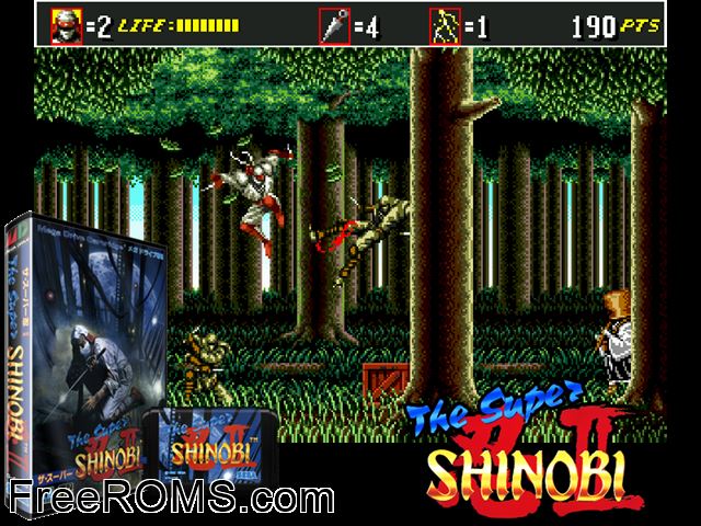 Super Shinobi II, The (Japan) Genesis game showing 3D box cover and gameplay screenshot