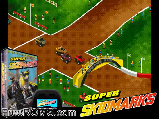 Super Skidmarks (J-Cart) Genesis game showing 3D box cover and gameplay screenshot