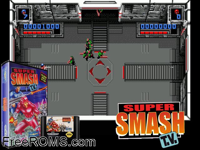 Super Smash TV Genesis game showing 3D box cover and gameplay screenshot
