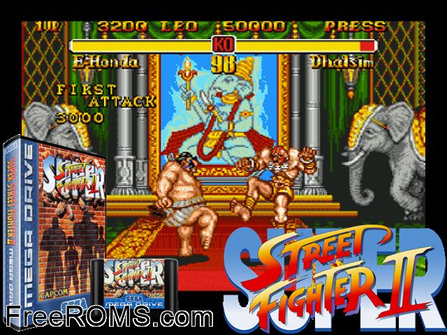 Super Street Fighter II - The New Challengers Genesis game showing 3D box cover and gameplay screenshot