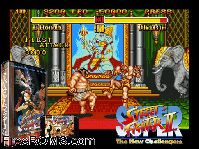 Super Street Fighter II - The New Challengers (Japan) Genesis game showing 3D box cover and gameplay screenshot