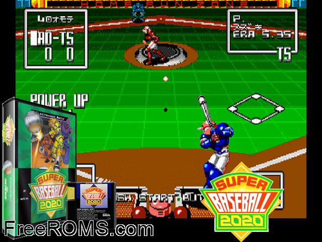 Super Baseball 2020 Genesis game showing 3D box cover and gameplay screenshot