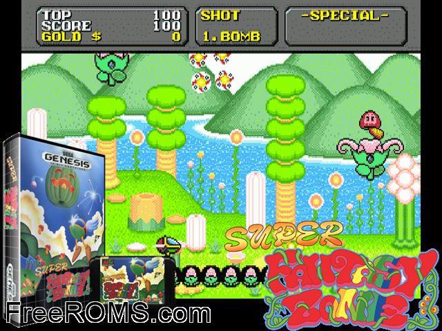 Super Fantasy Zone Genesis game showing 3D box cover and gameplay screenshot