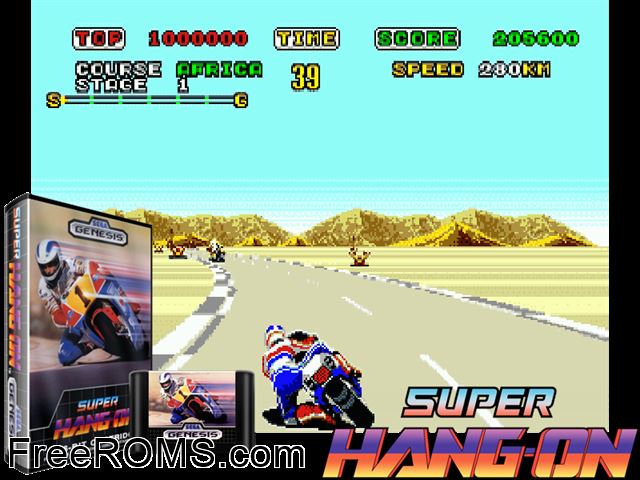 Super Hang-On Genesis game showing 3D box cover and gameplay screenshot