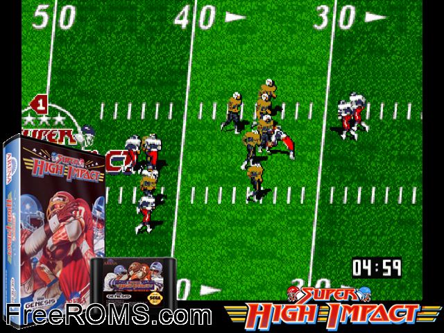 Super High Impact Genesis game showing 3D box cover and gameplay screenshot