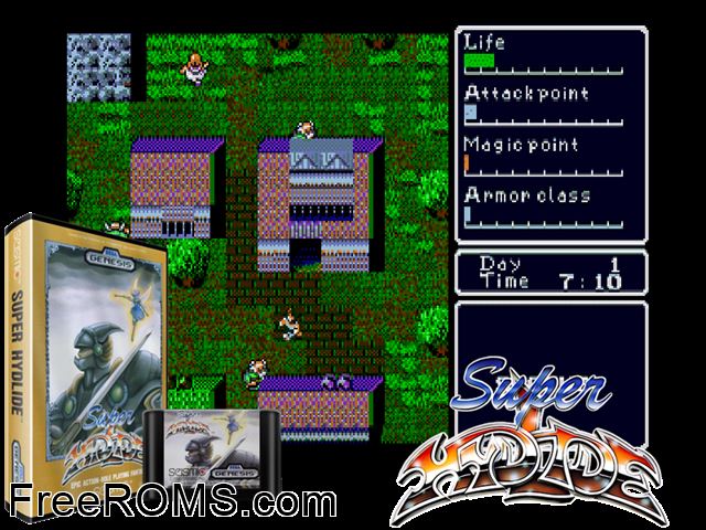 Super Hydlide Genesis game showing 3D box cover and gameplay screenshot