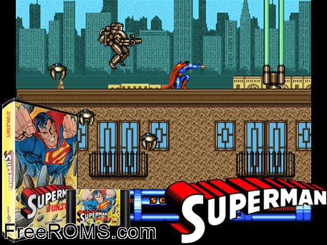 Superman Genesis game showing 3D box cover and gameplay screenshot