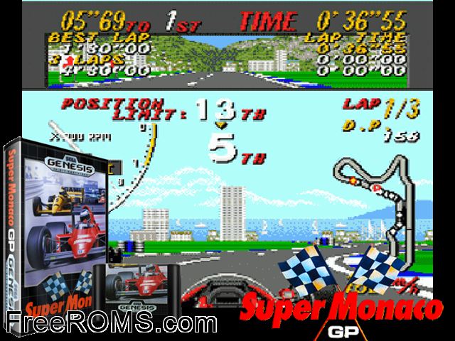 Super Monaco Grand Prix Genesis game showing 3D box cover and gameplay screenshot
