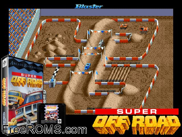 Super Off Road Genesis game showing 3D box cover and gameplay screenshot