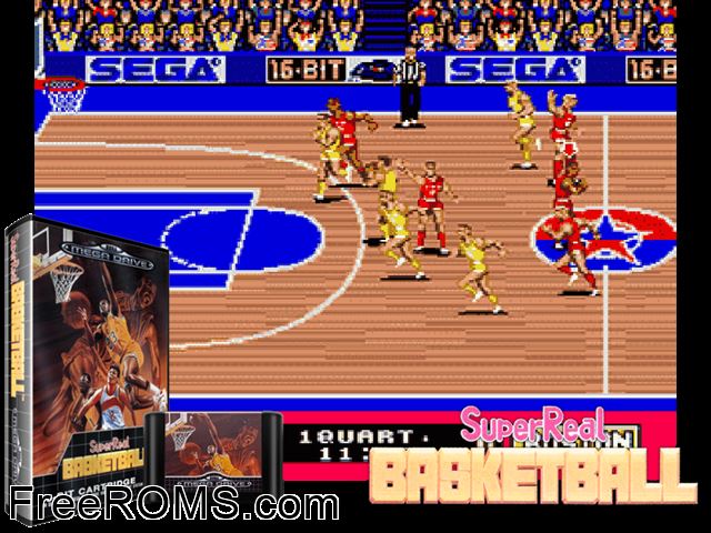 Super Real Basketball Genesis game showing 3D box cover and gameplay screenshot