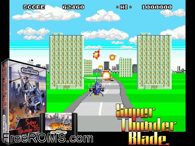 Super Thunder Blade Genesis game showing 3D box cover and gameplay screenshot