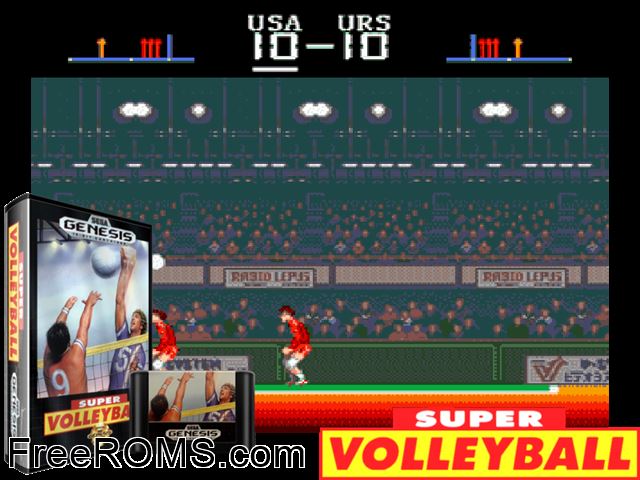Super Volleyball Genesis game showing 3D box cover and gameplay screenshot