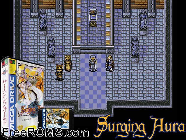 Surging Aura (Japan) Genesis game showing 3D box cover and gameplay screenshot
