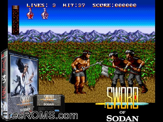 Sword of Sodan (Japan) Genesis game showing 3D box cover and gameplay screenshot