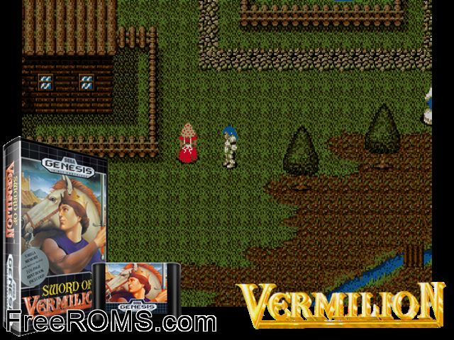 Sword of Vermilion (Japan) Genesis game showing 3D box cover and gameplay screenshot