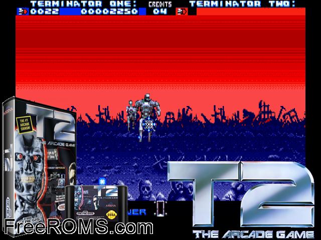 Terminator 2: the Arcade Game Genesis game showing 3D box cover and gameplay screenshot
