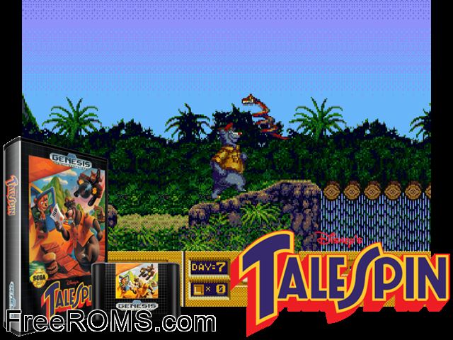 Tale Spin Genesis game showing 3D box cover and gameplay screenshot