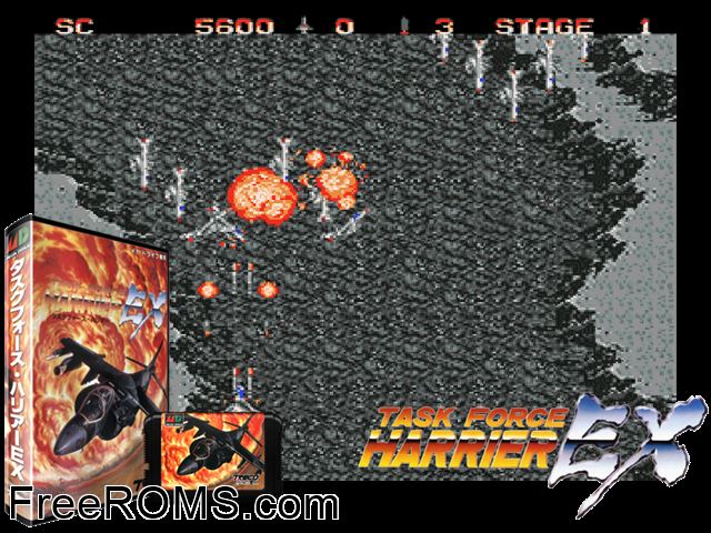 Task Force Harrier EX (Japan) Genesis game showing 3D box cover and gameplay screenshot