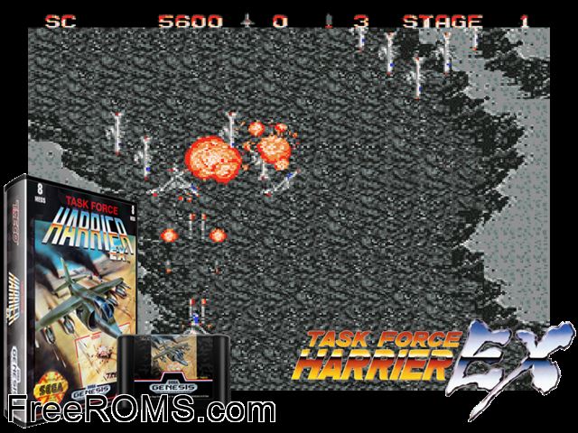 Task Force Harrier EX Genesis game showing 3D box cover and gameplay screenshot