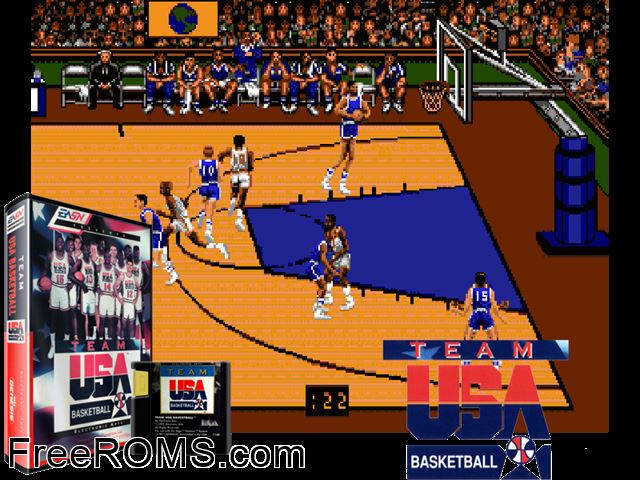 Team USA Basketball Genesis game showing 3D box cover and gameplay screenshot